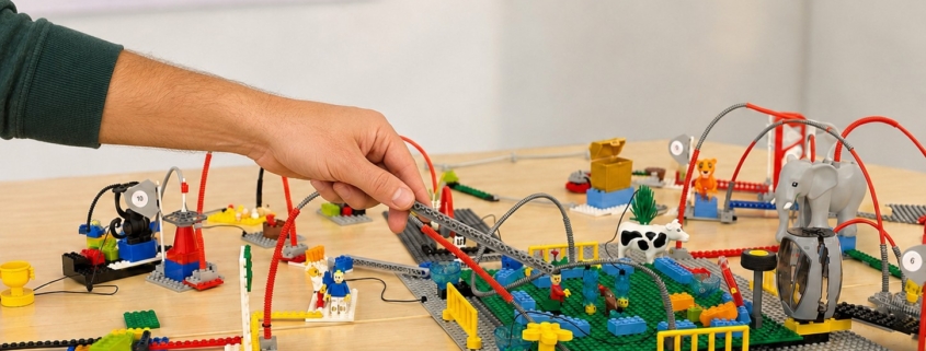 LEGO Serious Play und PLAYMOBIL pro Figuren auf einem Workshop-Tisch zur Visualisierung von Zusammenarbeit, Führung, Kultur und Organisationsentwicklung.